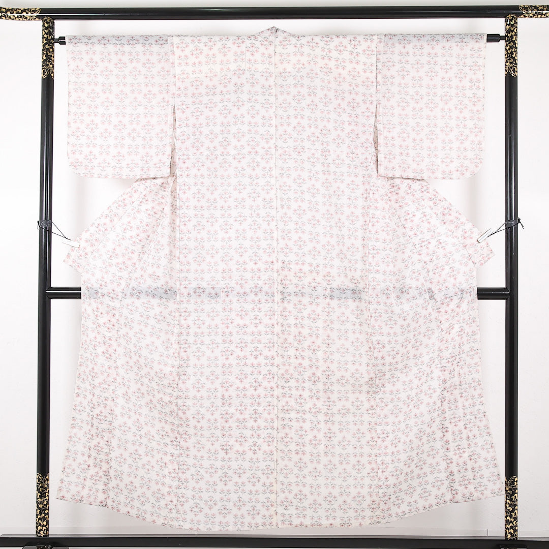 夏物 洗える着物 麻の紬 身丈151cm 裄丈63cm 麻 Cランク カジュアル バチ衿 XSサイズ 花柄 白系 RP 1223-17382