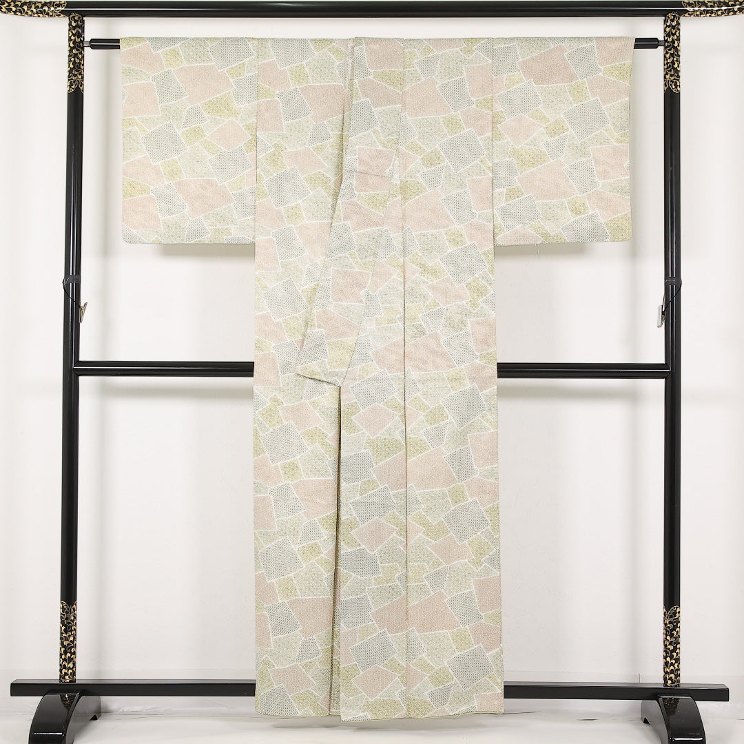 洗える着物 小紋 袷 身丈158cm 裄丈62cm ポリエステル Sランク インフォーマル 広衿 Lサイズ 緑系 RP 1221-17449