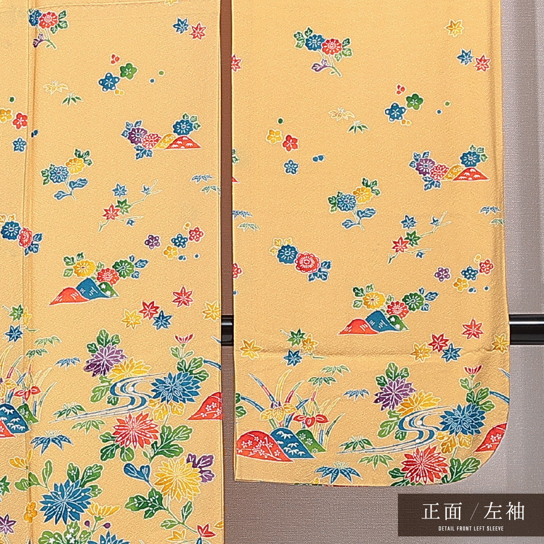 洗える着物 振袖 袷 身丈160cm 裄丈64cm ポリエステル Cランク フォーマル 広衿 Lサイズ 菊 紅葉 黄系 HP 1215-06990