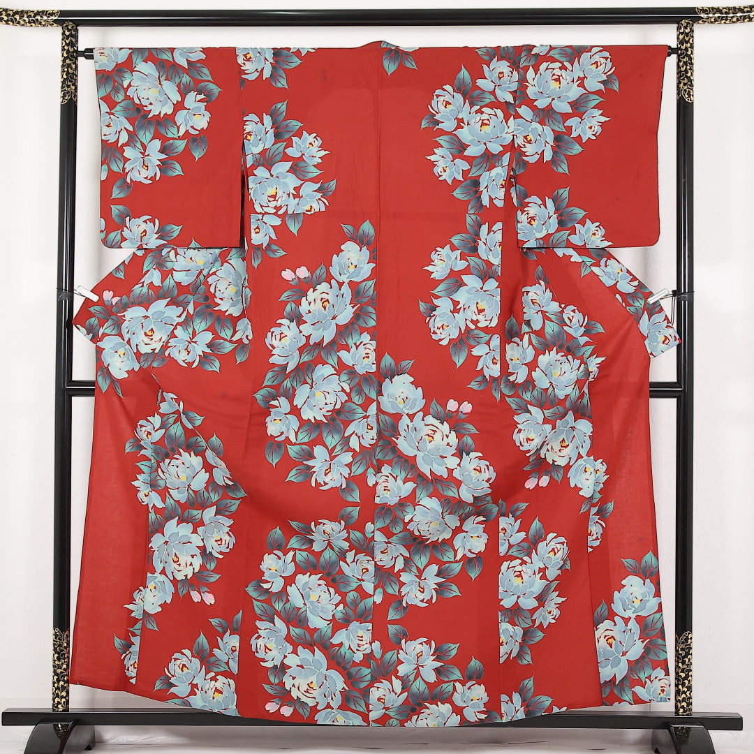 夏物 洗える着物 木綿の浴衣 身丈162cm 裄丈64cm 木綿 Cランク カジュアル バチ衿 XSサイズ 牡丹 赤系 RP 1225-17486