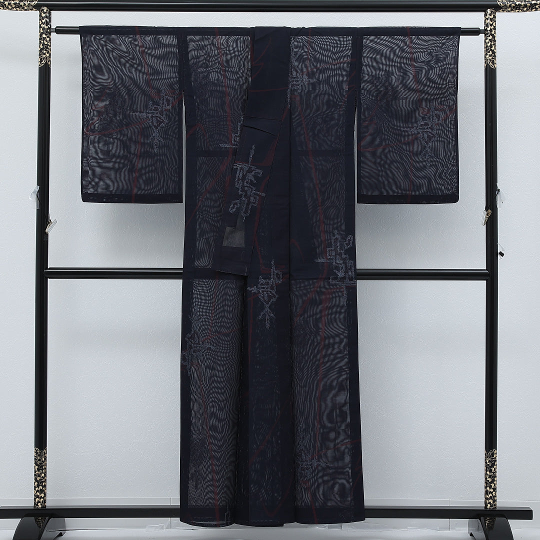 アンティーク 夏物 小紋 二重紗 身丈152cm 裄丈63cm 正絹 Aランク 広衿 XSサイズ 漆糸 創作柄 紺系 RP 1221-17250