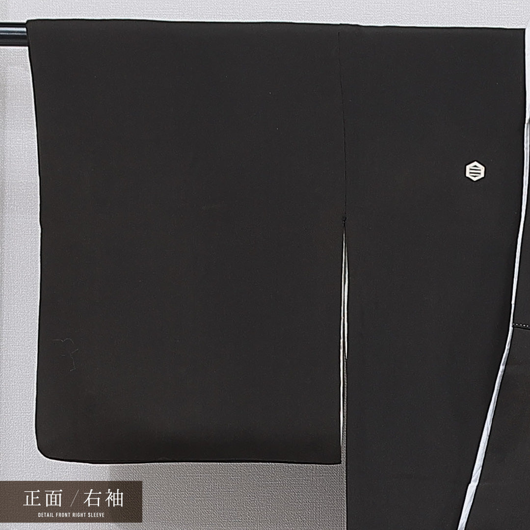 黒留袖 袷 身丈157cm 裄丈62cm 正絹 Cランク 五つ紋 (六角に三つ引き) フォーマル 広衿 Mサイズ 刺繍 比翼 波頭 桐 黒系 LP 1213-07011