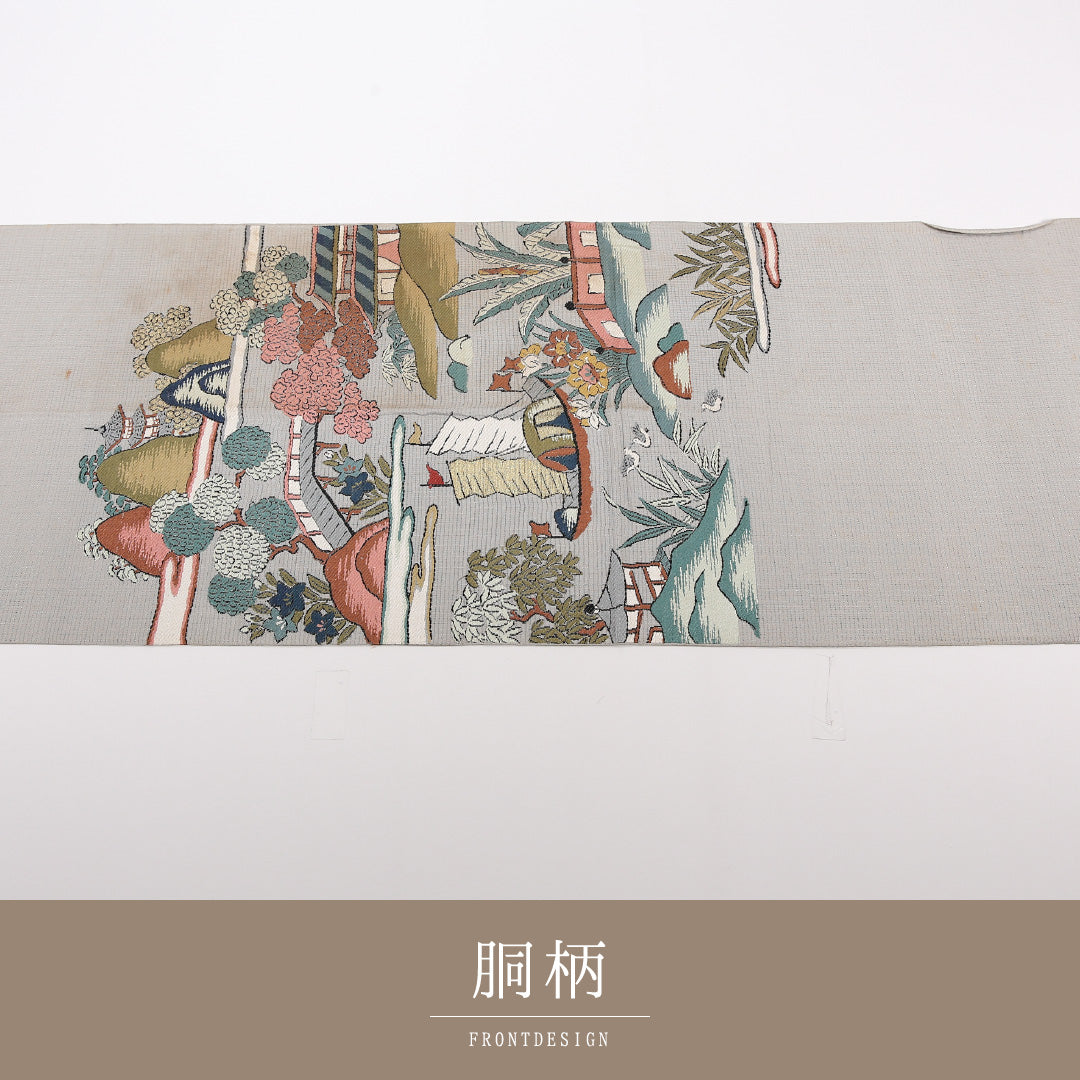アンティーク 夏物 袋帯 帯丈400cm 正絹 六通 京洛百景 グレー系 1243-02511