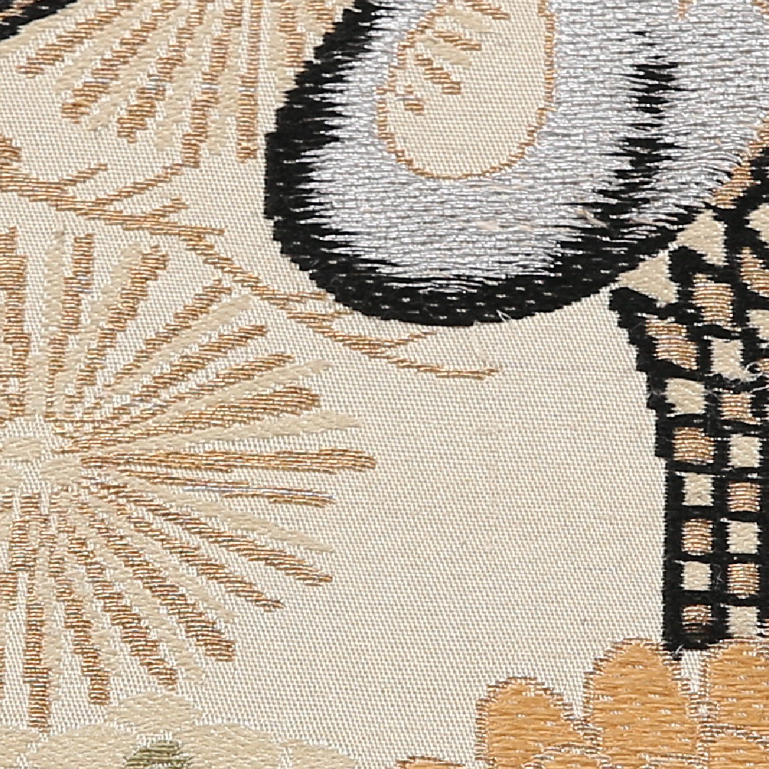 アンティーク 丸帯 帯丈392cm 正絹 全通 御所車 鶴 菊 クリーム系 1242-02569