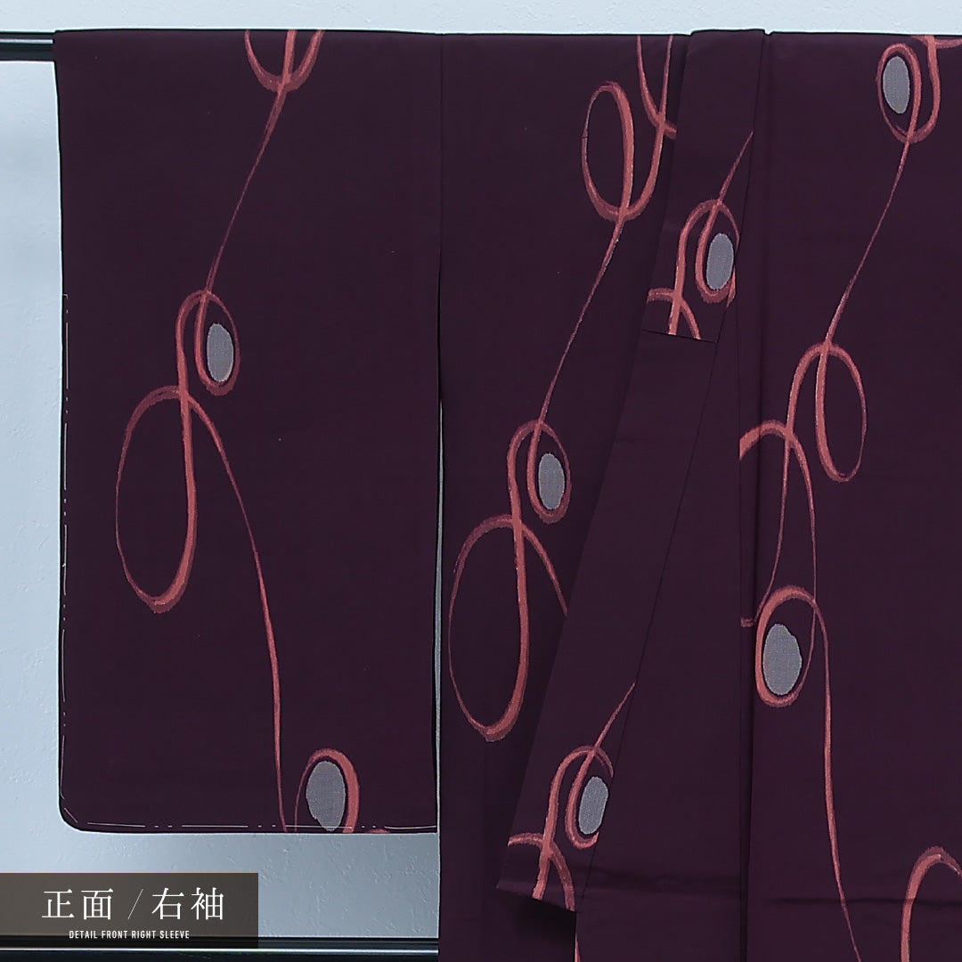 アンティーク お召 単衣 身丈146cm 裄丈62cm 正絹 Aランク バチ衿 Sサイズ 創作柄 紫系 RP 1222-17243