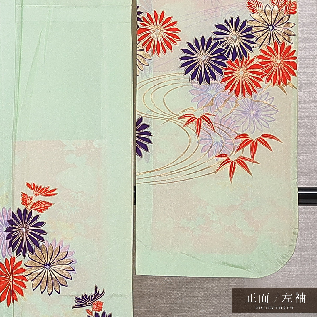 振袖 胴抜き 身丈155cm 裄丈60cm 正絹 Cランク フォーマル バチ衿 Mサイズ 流水 菊 笹 緑系 LP 1215-07002