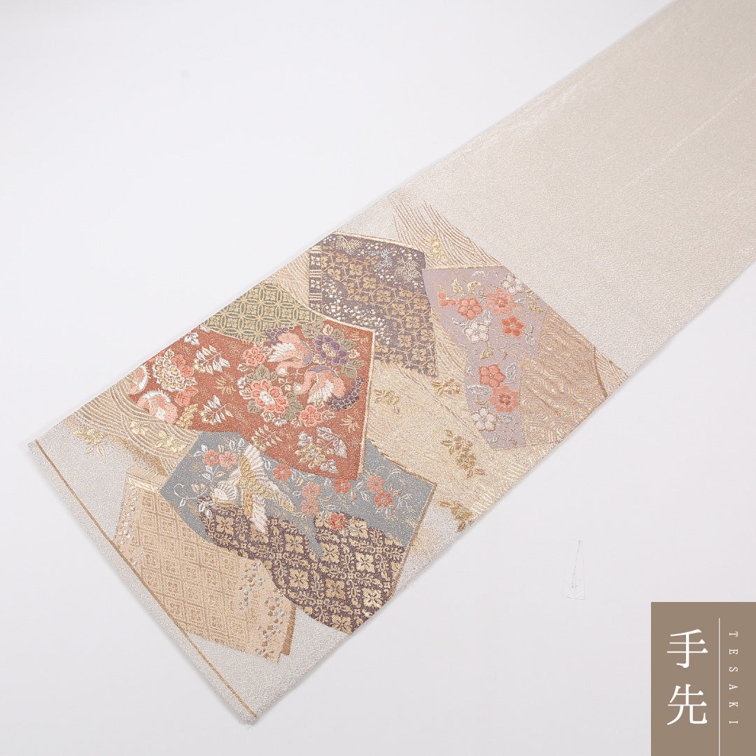 袋帯 帯丈428cm 正絹 六通 フォーマル クリーム系 銀系 1243-02585