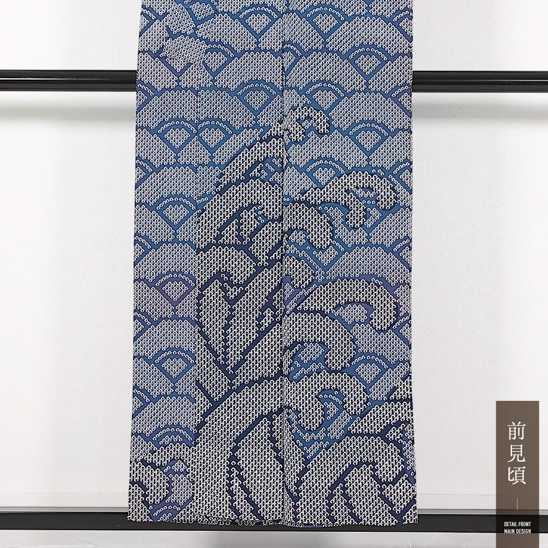 洗える着物 付下げ 単衣 身丈153cm 裄丈62cm ポリエステル Sランク 踊り用 バチ衿 Mサイズ 青海波 荒磯 青系 RP 1218-17433