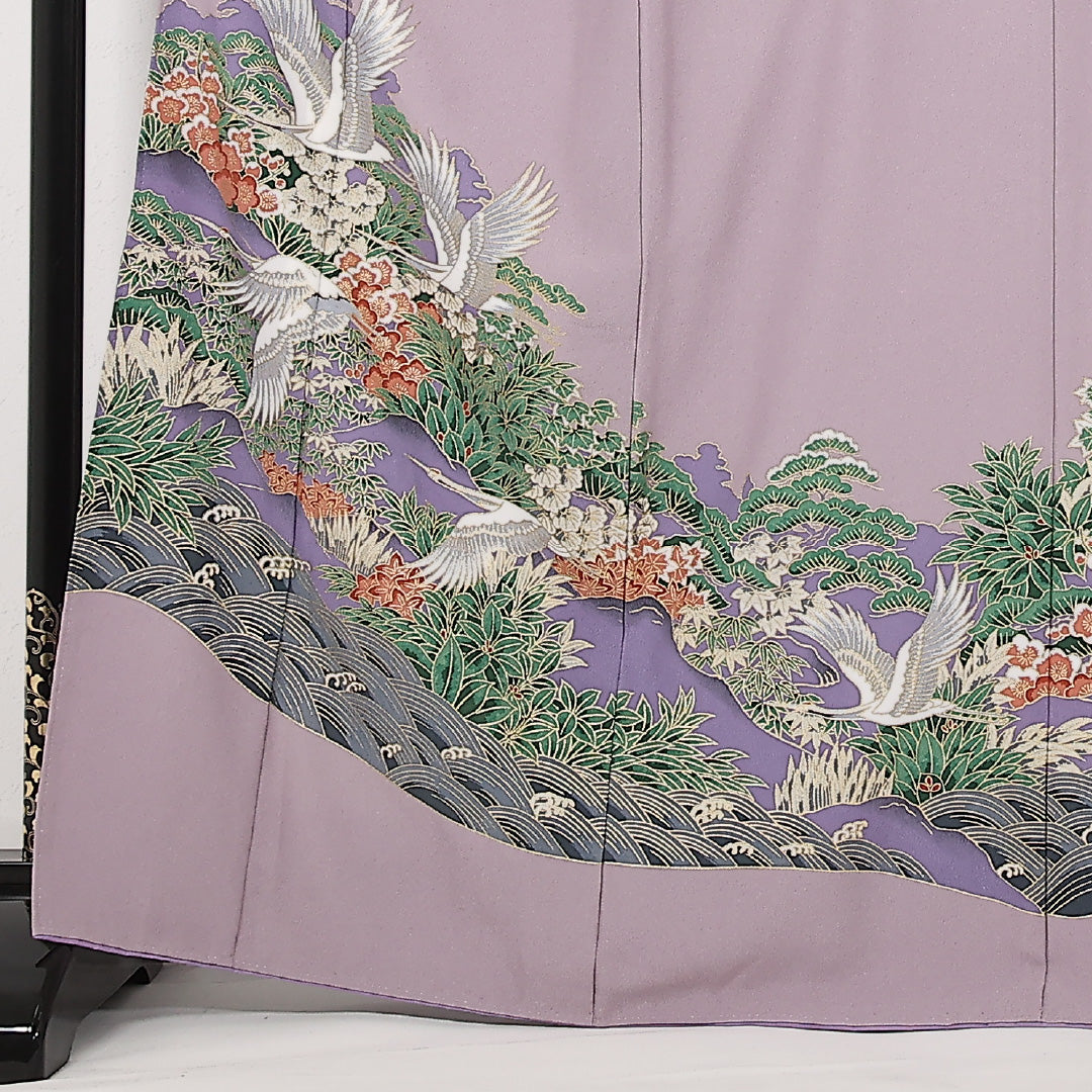 洗える着物 色留袖 胴抜き 身丈166cm 裄丈70cm ポリエステル Sランク セミフォーマル 広衿 XLサイズ 鶴 山水 ピンク系 RP 1214-17470
