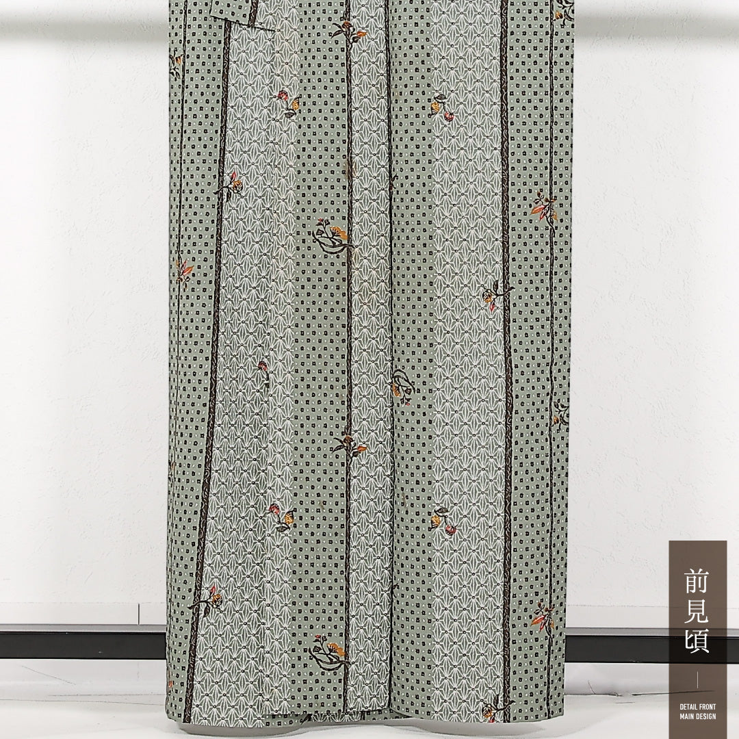 洗える着物 小紋 単衣 身丈160cm 裄丈62cm ポリエステル Cランク インフォーマル バチ衿 Lサイズ 植物柄 緑系 RP 1221-17465