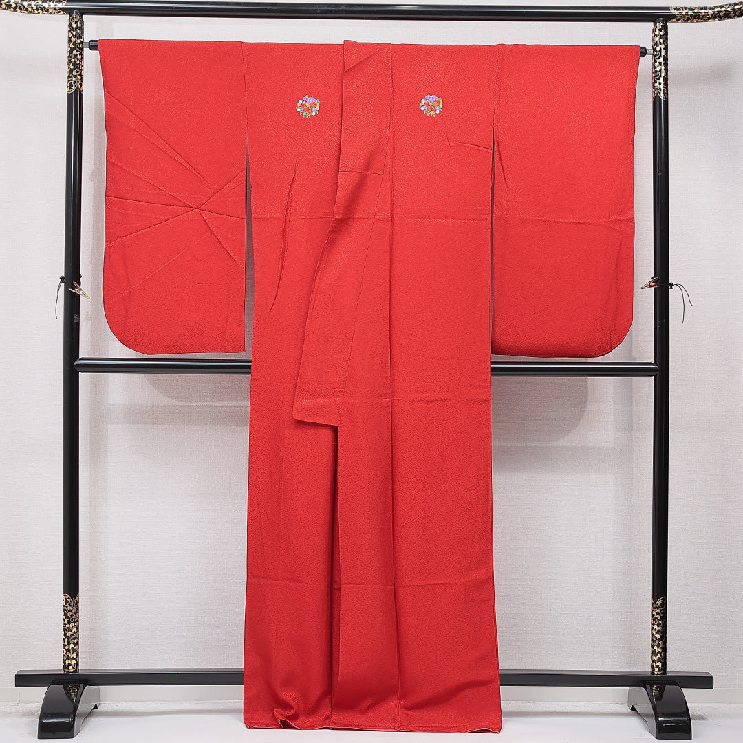 洗える着物 小振袖 袷 身丈168cm 裄丈67cm ポリエステル Sランク セミフォーマル 広衿 XLサイズ 刺繍 牡丹 菊 赤系 RP 1216-07060