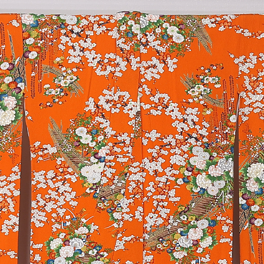 小振袖 袷 身丈159cm 裄丈62cm 正絹 Sランク セミフォーマル バチ衿 Mサイズ ふくれ織 橋 梅 朱系 M4 1216-06766