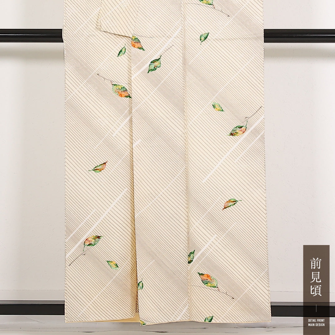 洗える着物 小紋 袷 身丈155cm 裄丈64cm ポリエステル Sランク 紋意匠 (雲取) インフォーマル 広衿 Lサイズ 植物柄 クリーム系 RP 1221-17546