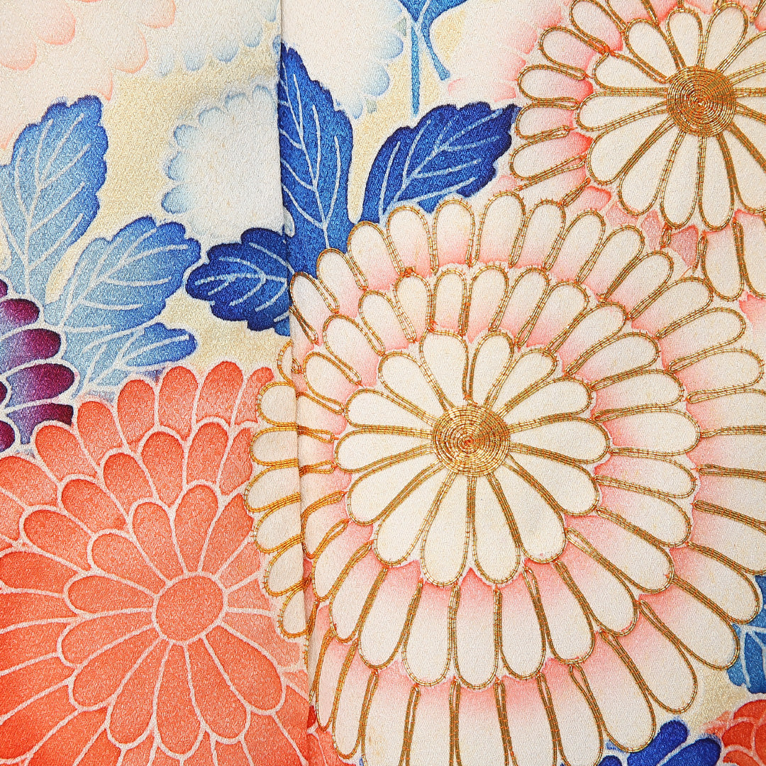 振袖 袷 身丈160cm 裄丈65cm 正絹 Bランク フォーマル 広衿 Lサイズ 刺繍 菊 黄系 RP 1215-06730