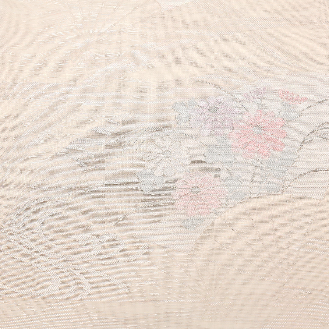 夏物 袋帯 帯丈422cm 正絹 六通 セミフォーマル 綴れ織 扇面文 菊 桔梗 クリーム系 1243-02514