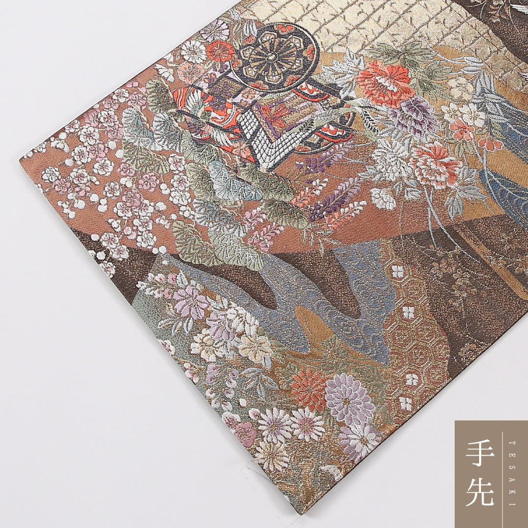 花車 袋帯 帯丈432cm 正絹 六通 フォーマル 茶系 ベージュ系 1243-02636