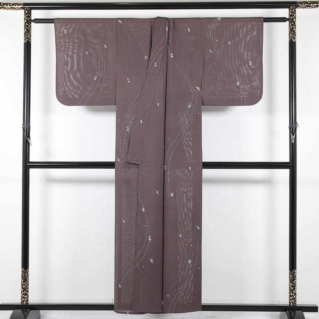 夏物 小紋 絽 身丈154cm 裄丈61cm 正絹 Bランク インフォーマル バチ衿 XSサイズ 創作柄 紫系 RP 1221-17384