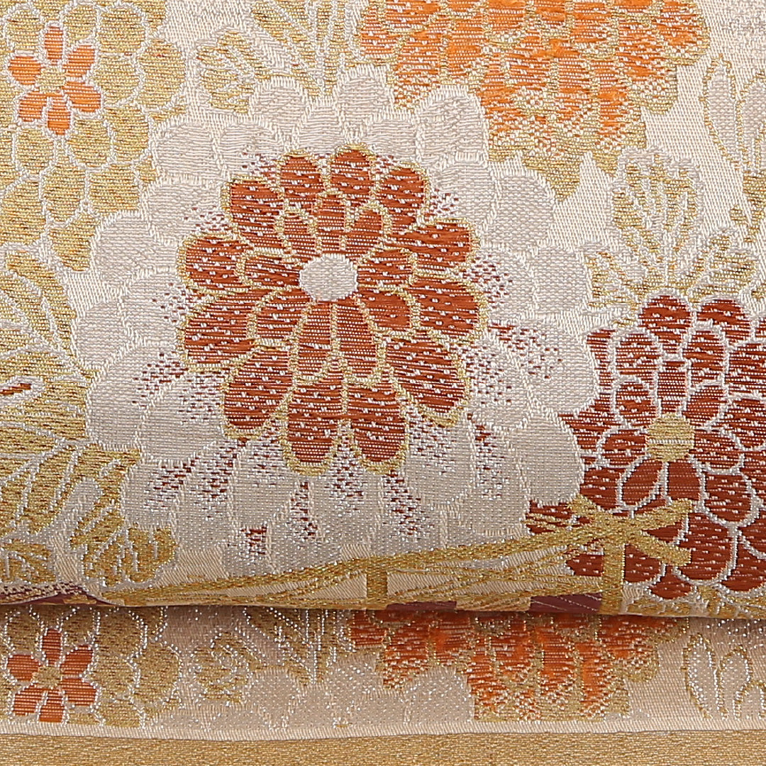 アンティーク 丸帯 帯丈394cm 正絹 全通 鶴 菊 松 クリーム系 1242-02568