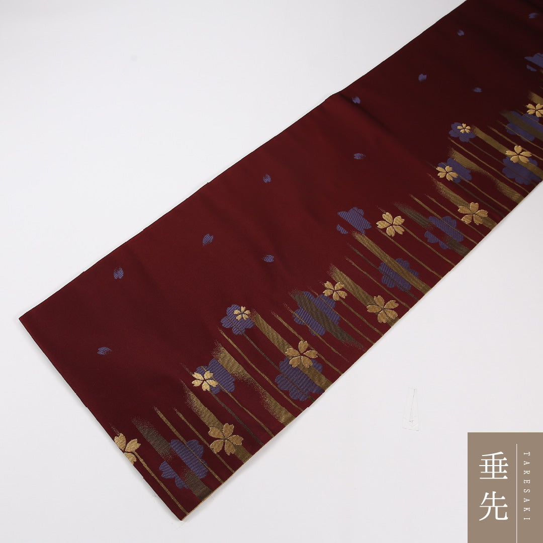 桜 袋帯 帯丈444cm 正絹 六通 セミフォーマル 赤系 茶系 1243-02600