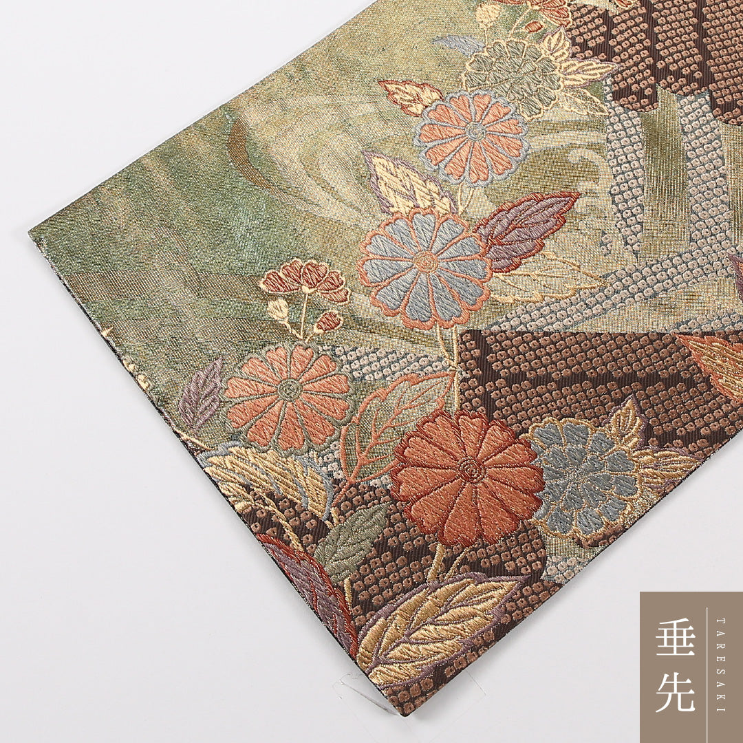 菊 袋帯 帯丈428cm ポリエステル 六通 フォーマル 緑系 金系 1243-02583