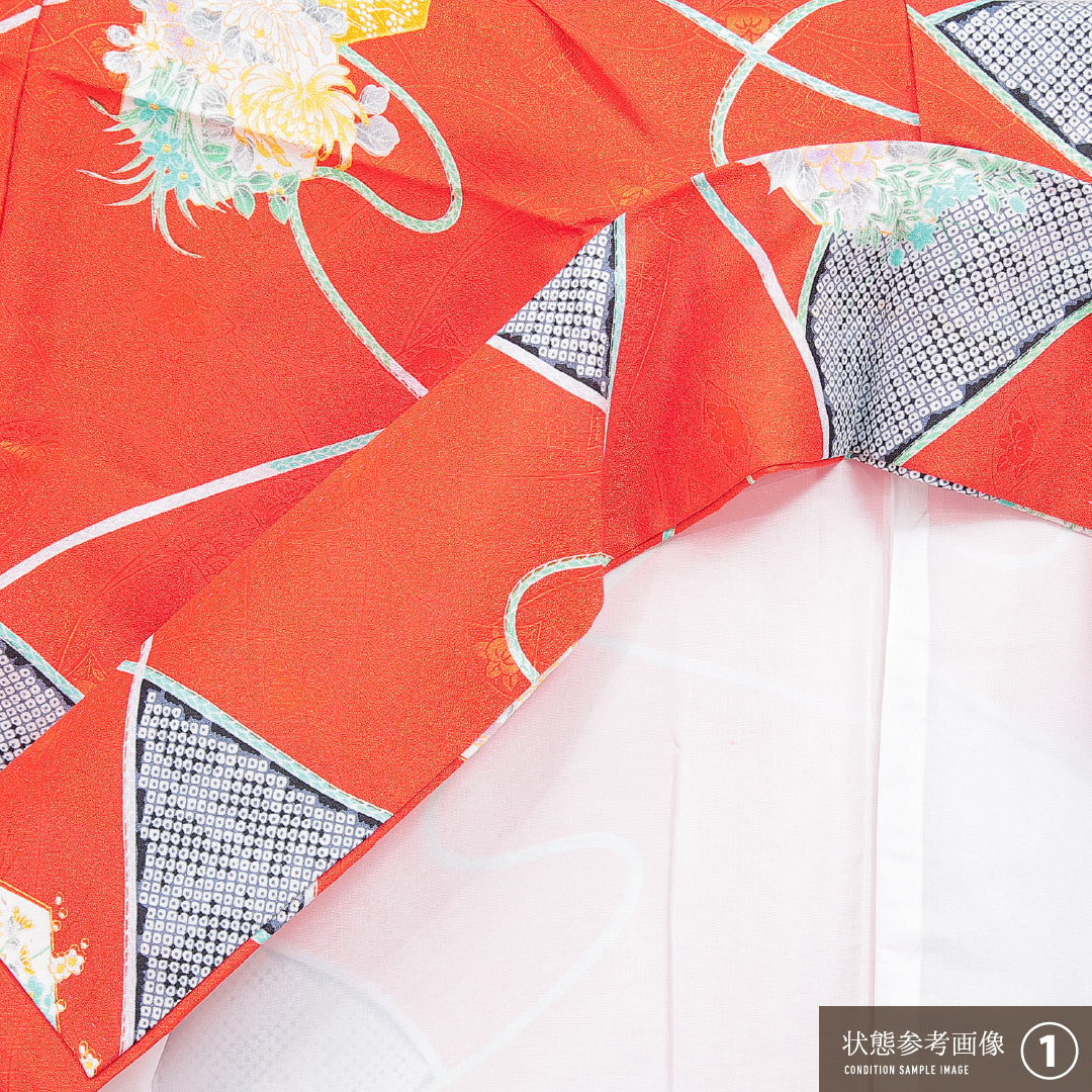 洗える着物 小振袖 袷 身丈154cm 裄丈62cm ポリエステル Sランク セミフォーマル 広衿 Sサイズ 宝尽くし 朱系 RP 1216-07090