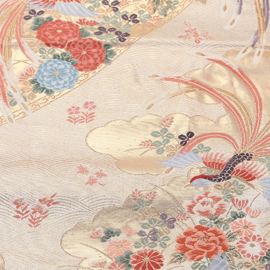 尾長鳥 袋帯 帯丈428cm 正絹 六通 フォーマル クリーム系 白系 1243-02582