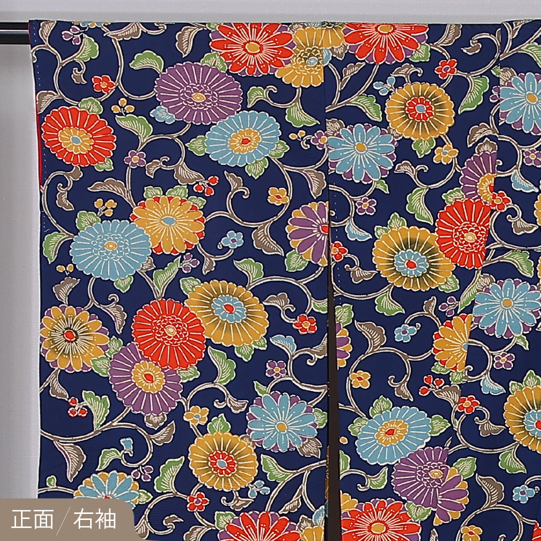 振袖 袷 身丈156cm 裄丈65cm 正絹 Sランク フォーマル 広衿 Mサイズ 菊 紺系 RP 1215-06768