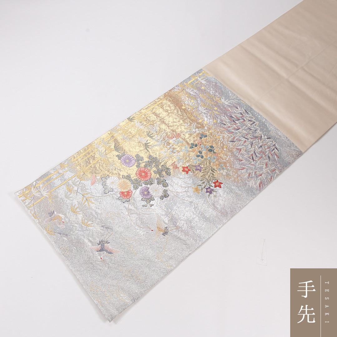 鶴 袋帯 帯丈428cm 正絹 六通 フォーマル 菊 白系 銀系 1243-02635