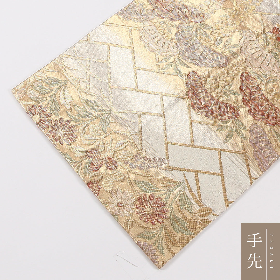 藤 袋帯 帯丈448cm 正絹 六通 フォーマル 藤・笠松 笠松 クリーム系 金系 1243-02628