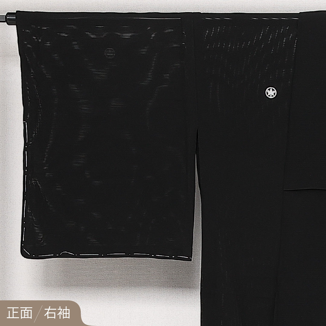 夏物 黒紋付 絽 身丈162cm 裄丈66cm 正絹 Sランク 五つ紋 (丸に立ち沢瀉) 弔事用 広衿 Lサイズ 黒系 RP 1230-06859