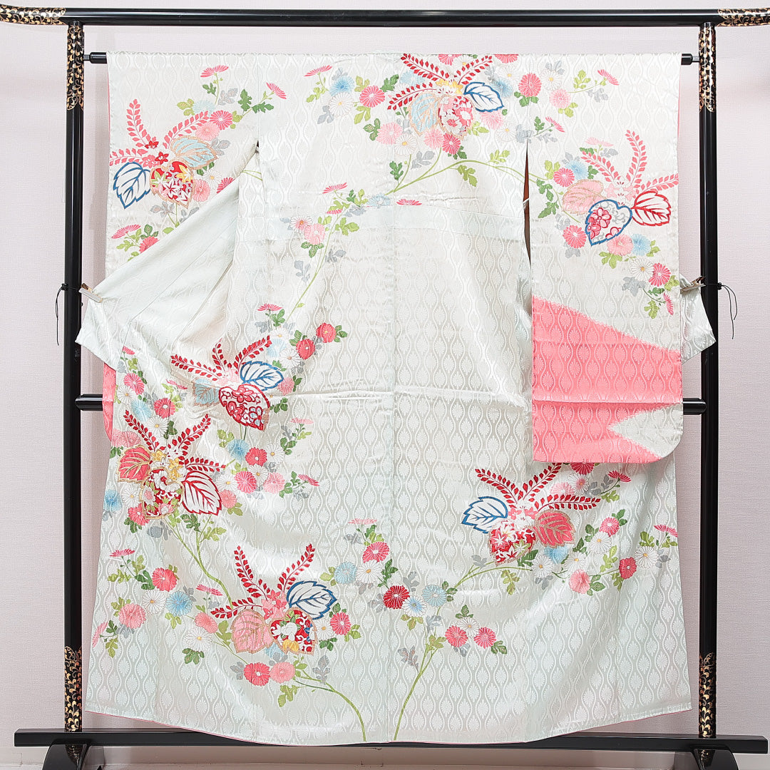 振袖 袷 身丈157cm 裄丈63cm 正絹 Cランク フォーマル 広衿 Mサイズ 刺繍 菊 桐 緑系 LP 1215-07022