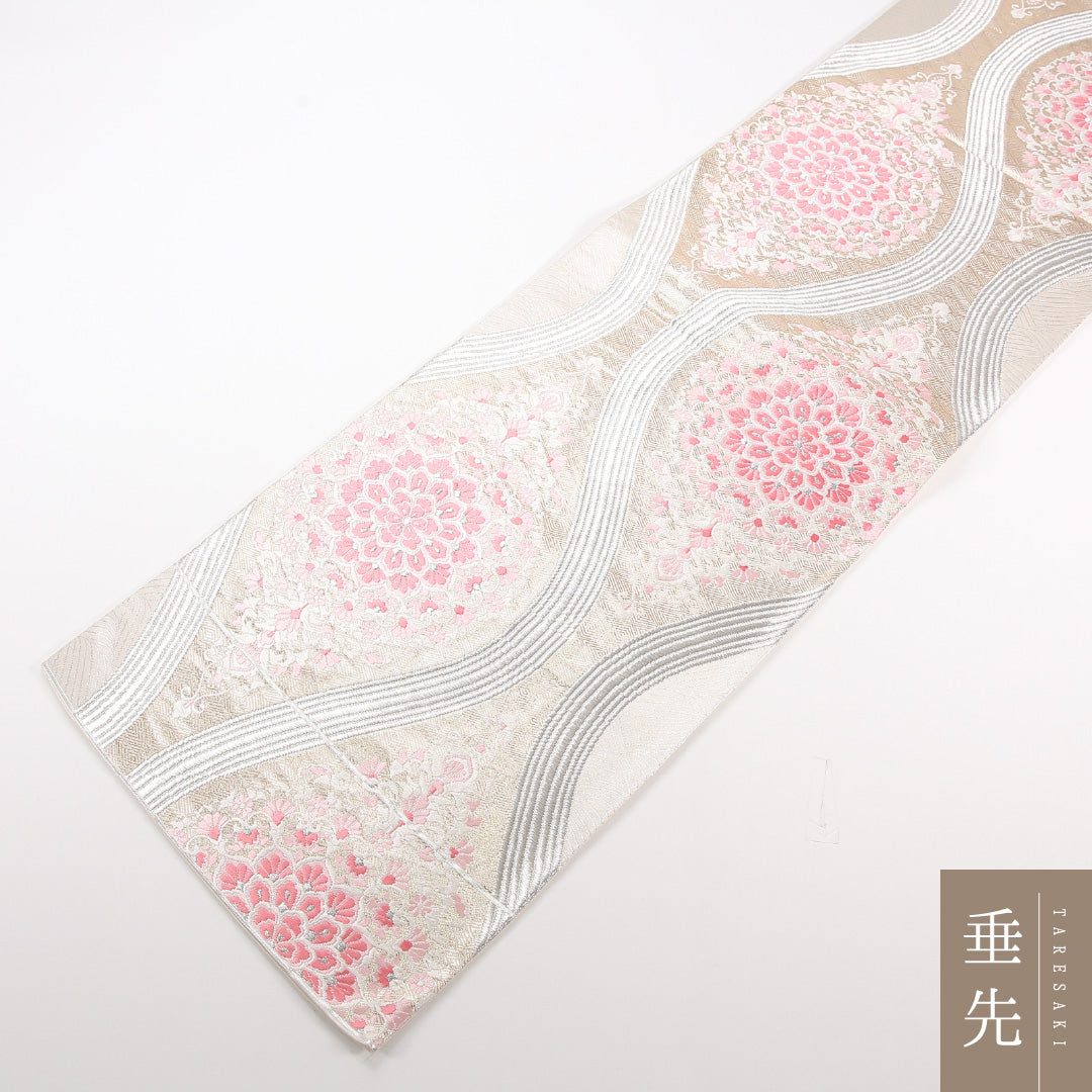 袋帯 帯丈420cm 正絹 六通 フォーマル 宝相華 クリーム系 ピンク系 1243-02535