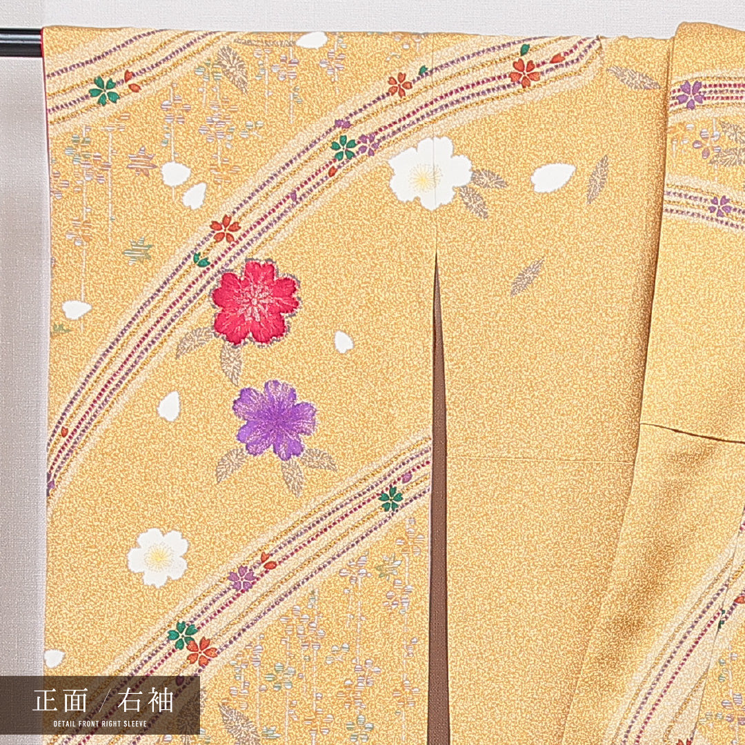 振袖 袷 身丈160cm 裄丈66cm 正絹 Sランク フォーマル 広衿 Lサイズ 鶴 花柄 黄系 RP 1215-07047