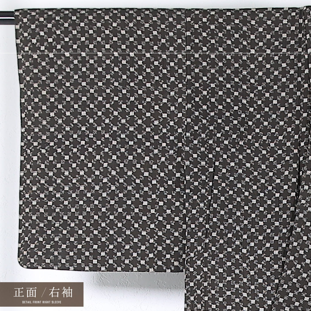 夏物 洗える着物 麻の紬 身丈142cm 裄丈62cm 麻 Bランク カジュアル バチ衿 XSサイズ 創作柄 茶系 RP 1223-17373