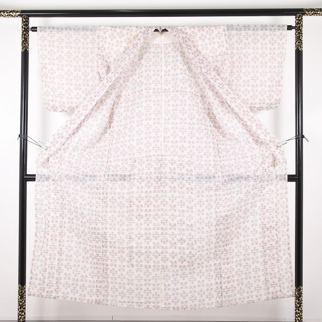 夏物 洗える着物 麻の紬 身丈151cm 裄丈63cm 麻 Cランク カジュアル バチ衿 XSサイズ 花柄 白系 RP 1223-17382