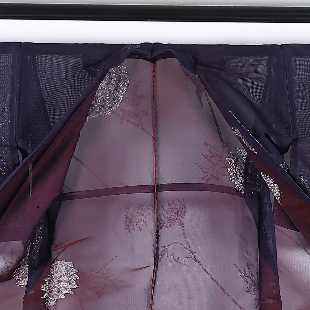 夏物 小紋 二重紗 身丈149cm 裄丈62cm 正絹 Sランク インフォーマル バチ衿 2XLサイズ 漆糸 蒲公英 紫系 M4 1221-17348