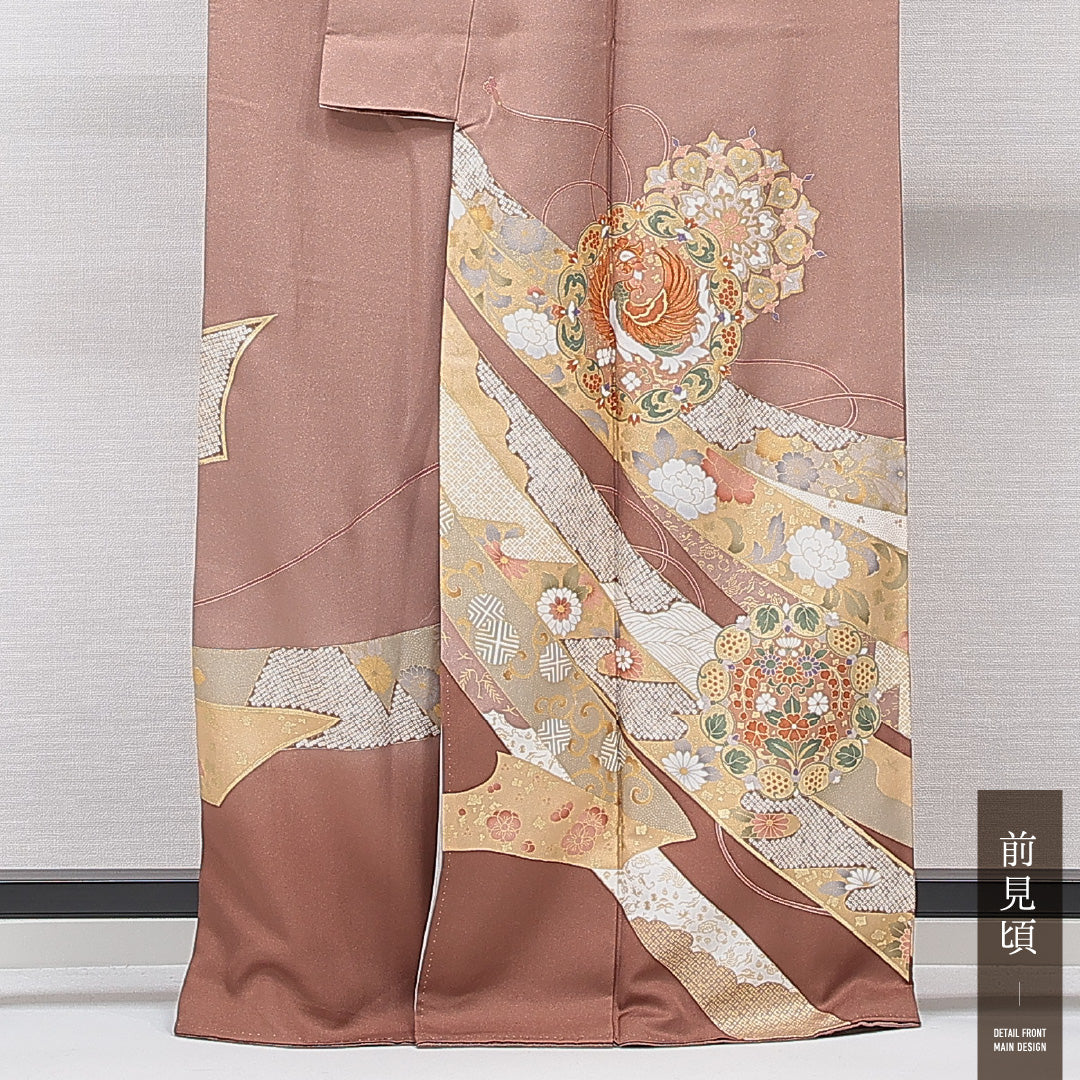 色留袖 袷 身丈163cm 裄丈65cm 正絹 Sランク 三つ紋 (藤輪に剣片喰) フォーマル 広衿 Lサイズ 比翼 鳳凰 牡丹 紫系 RP 1214-06988
