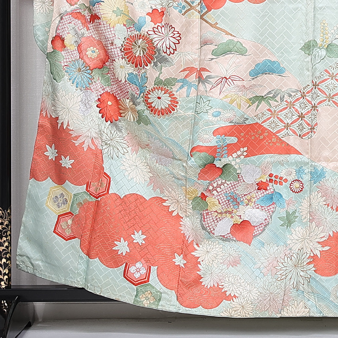 振袖 袷 身丈159cm 裄丈64cm 正絹 Cランク フォーマル 広衿 Mサイズ 金箔 刺繍 吉祥文様 水色系 RP 1215-06557