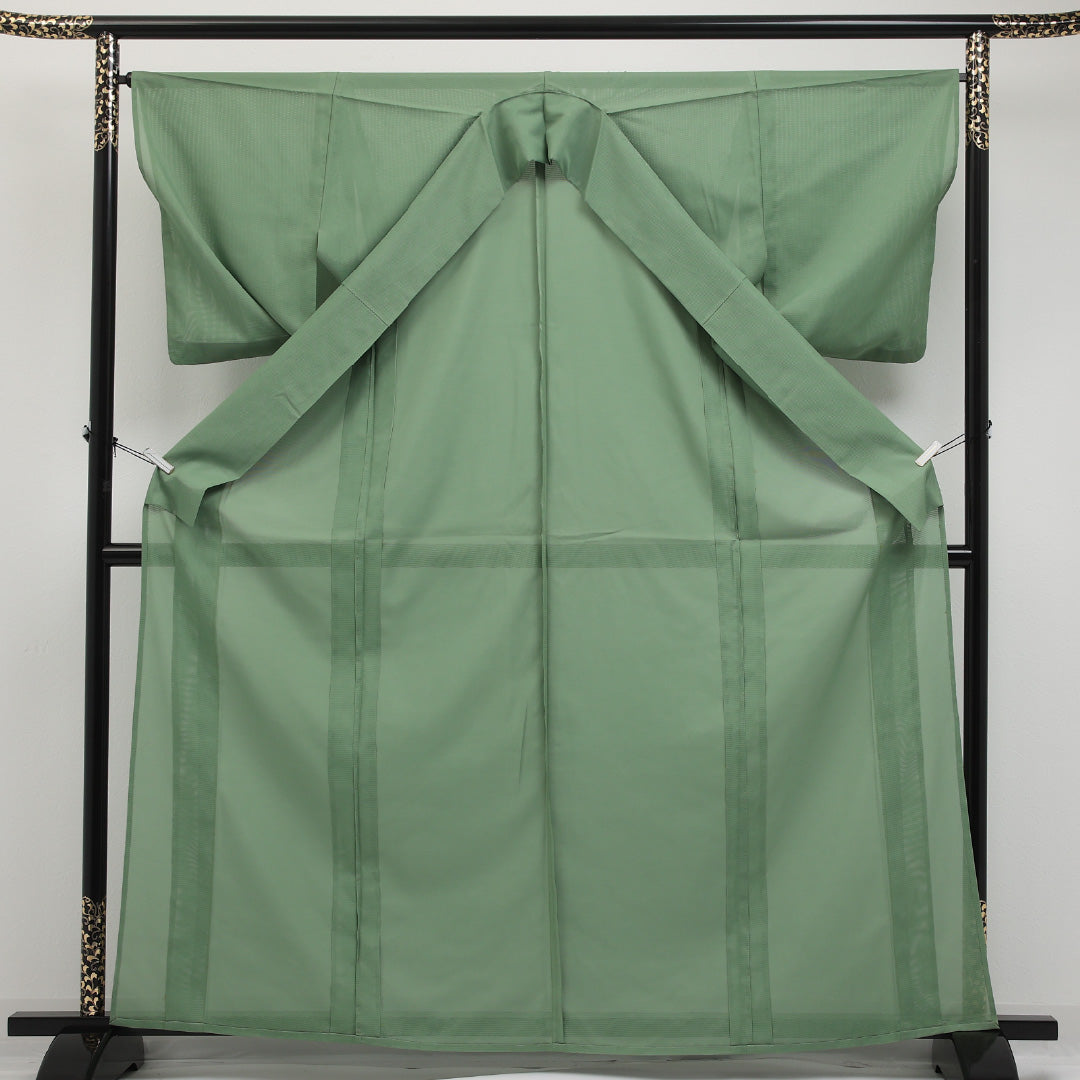 夏物 洗える着物 色無地 絽 身丈163cm 裄丈65cm ポリエステル Cランク インフォーマル 広衿 XLサイズ 無地 緑系 RP 1219-17317