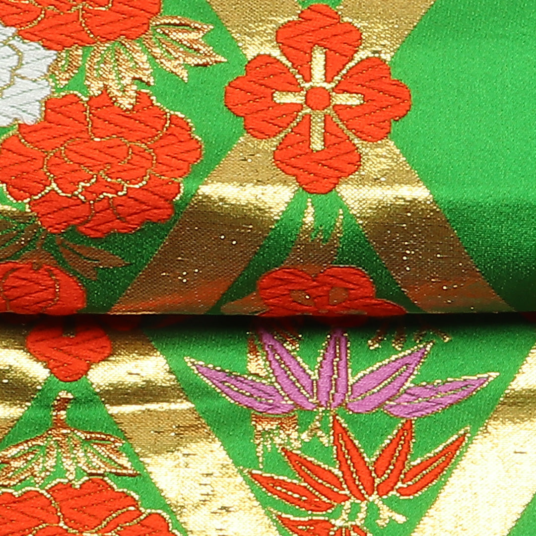 六寸帯 帯丈392cm 正絹 全通 小袋帯 カジュアル 吉祥文様 緑系 1246-00613