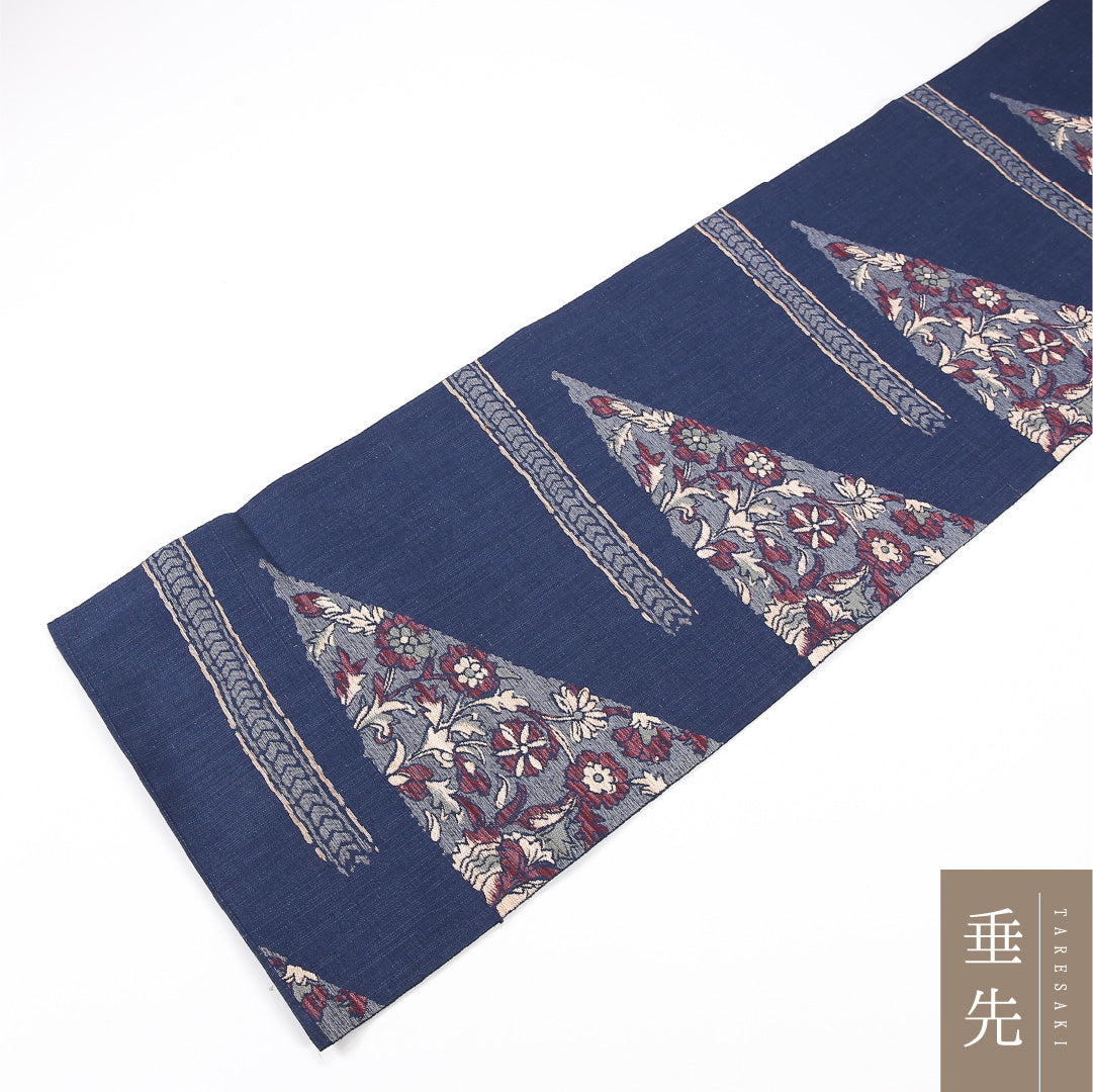 菊 八寸名古屋帯 Sランク 帯丈347cm 正絹 六通 松葉仕立て 織り カジュアル 紬 紺系 M4 1245-04759