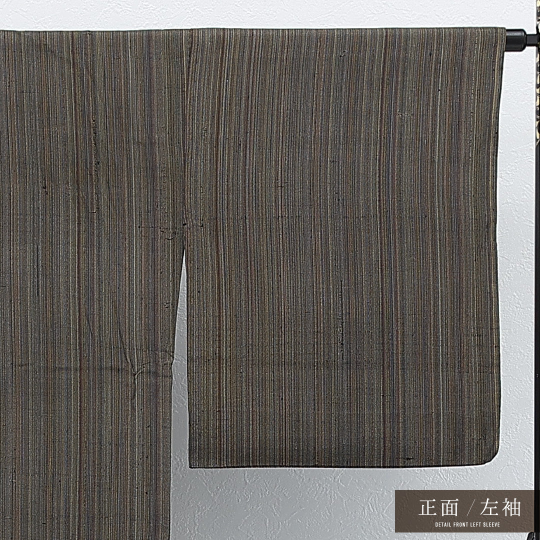 アンティーク 紬 単衣 身丈147cm 裄丈69cm 正絹 Aランク 広衿 XSサイズ 肩当て 縞 茶系 RP 1223-17270