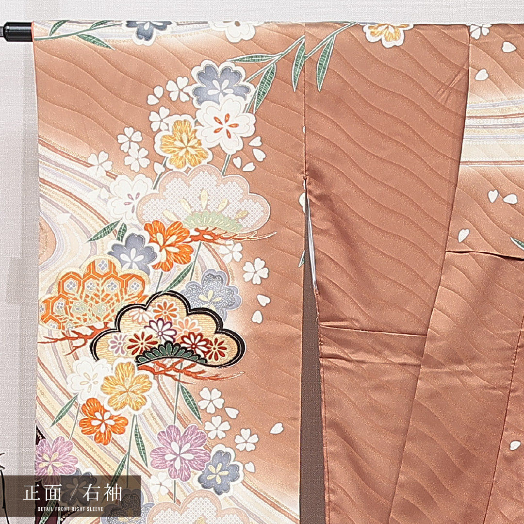 振袖 袷 身丈166cm 裄丈65cm 正絹 Sランク フォーマル 広衿 XLサイズ 御所車 菊 茶系 RP 1215-06979