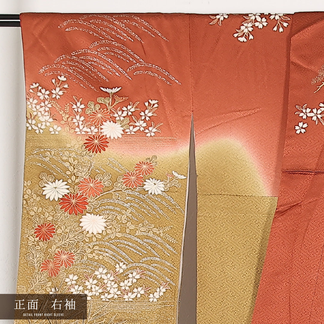振袖 袷 身丈168cm 裄丈66cm 正絹 Sランク フォーマル 広衿 Lサイズ 金彩 金駒刺繍 御所車 赤系 RP 1215-17394