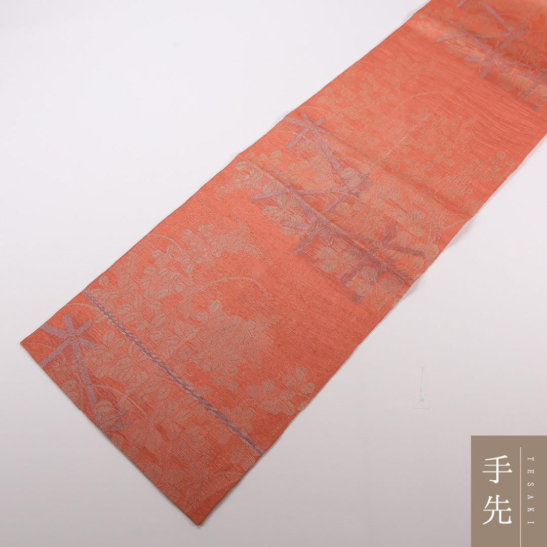 夏物 袋帯 帯丈412cm 正絹 六通 インフォーマル 秋草文 朱系 茶系 1243-02495