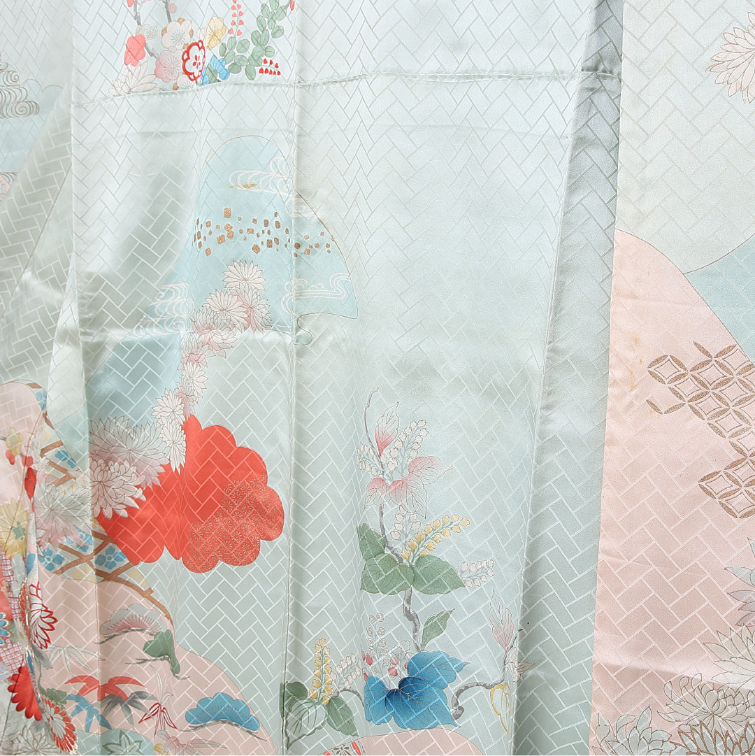 振袖 袷 身丈159cm 裄丈64cm 正絹 Cランク フォーマル 広衿 Mサイズ 金箔 刺繍 吉祥文様 水色系 RP 1215-06557