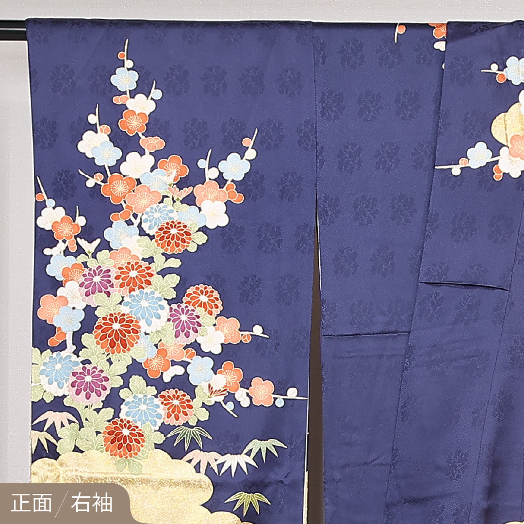 振袖 袷 身丈173cm 裄丈69cm 正絹 Sランク フォーマル 広衿 2XLサイズ 金彩 刺繍 エ霞 花柄 流水 紺系 RP 1215-06780