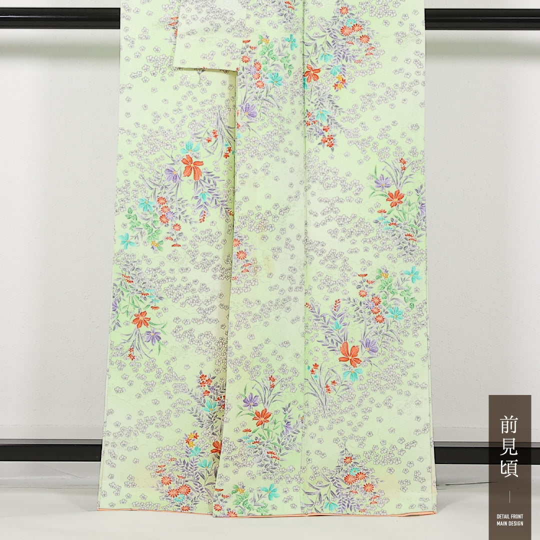 洗える着物 小紋 袷 身丈163cm 裄丈64cm ポリエステル Bランク インフォーマル 広衿 Mサイズ 花柄 緑系 LP 1221-17453