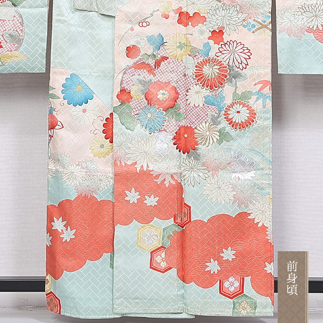 振袖 袷 身丈159cm 裄丈64cm 正絹 Cランク フォーマル 広衿 Mサイズ 金箔 刺繍 吉祥文様 水色系 RP 1215-06557