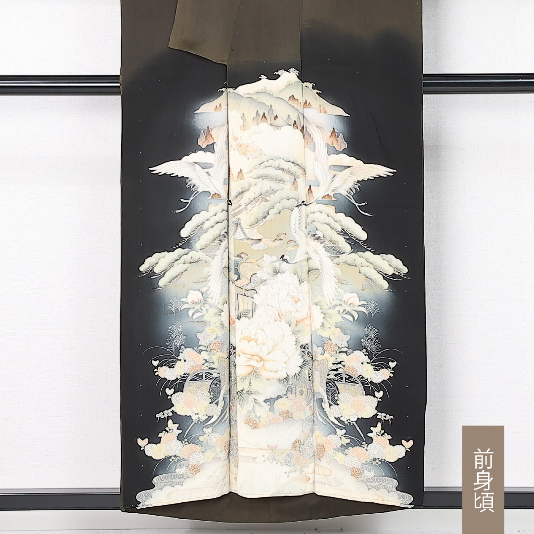 アンティーク 色留袖 袷 身丈151cm 裄丈62cm 正絹 Dランク 五つ紋 (蔦) 広衿 Sサイズ 花車 鶴 牡丹 茶系 GP 1214-06776